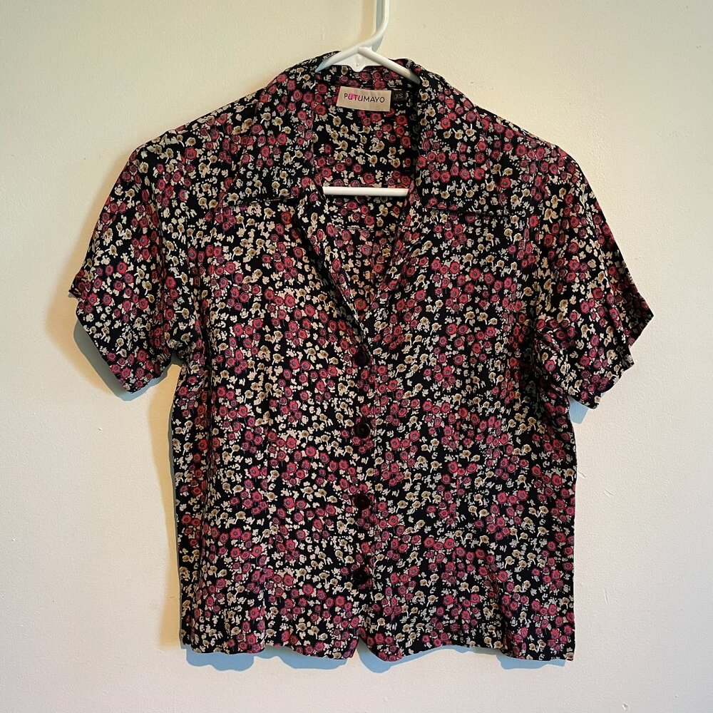 PUTUMAYO Women's Black Floral Button-Down Shirt with Pink Roses